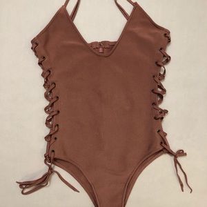 Blush nude lace up bodysuit